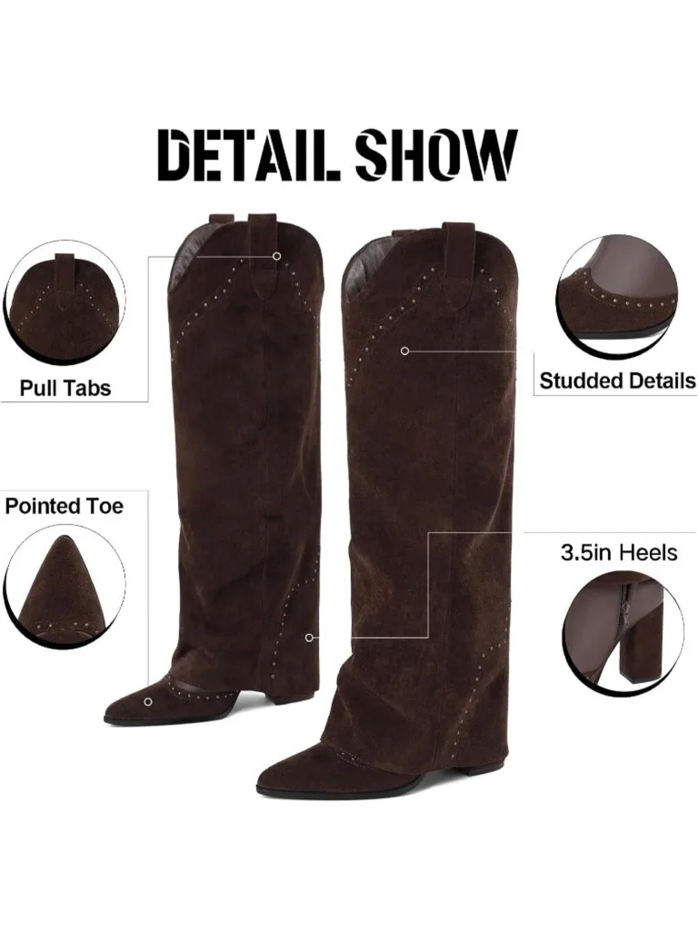Women's Chocolate Brown Shark Studded Fold Over Knee High Snip Toe Cowgirl Boots